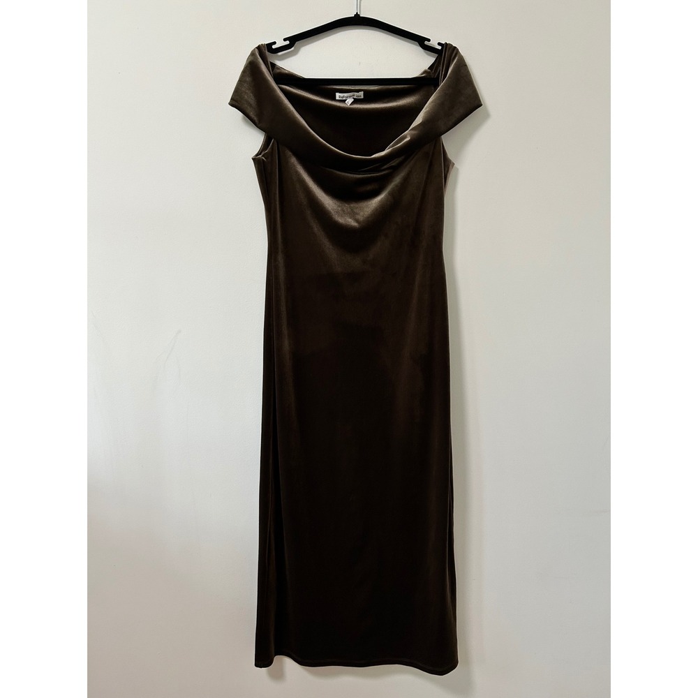 Reformation Espresso Stretch Brown Velvet Cowl Neck Off Shoulder Maxi Dress LG